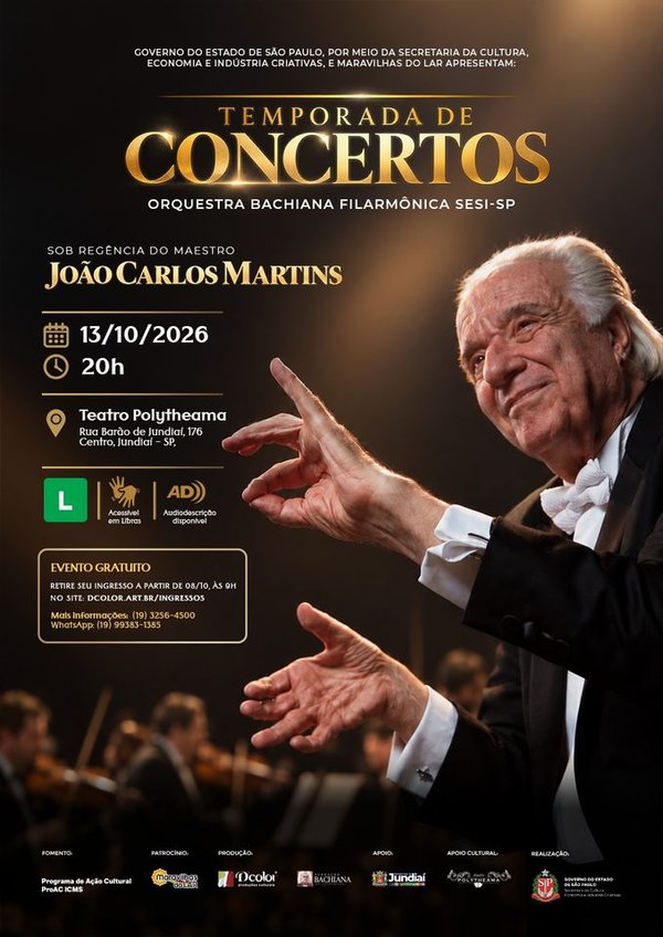 Jundiaí recebe concerto gratuito com João Carlos Martins e Orquestra Bachiana Filarmônica